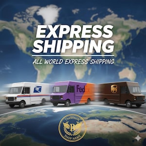 May include: An image advertising express shipping. It shows three delivery vans: a white USPS van, a purple and orange FedEx van, and a brown UPS van. The text "EXPRESS SHIPPING" and "ALL WORLD EXPRESS SHIPPING" are displayed above the vans.