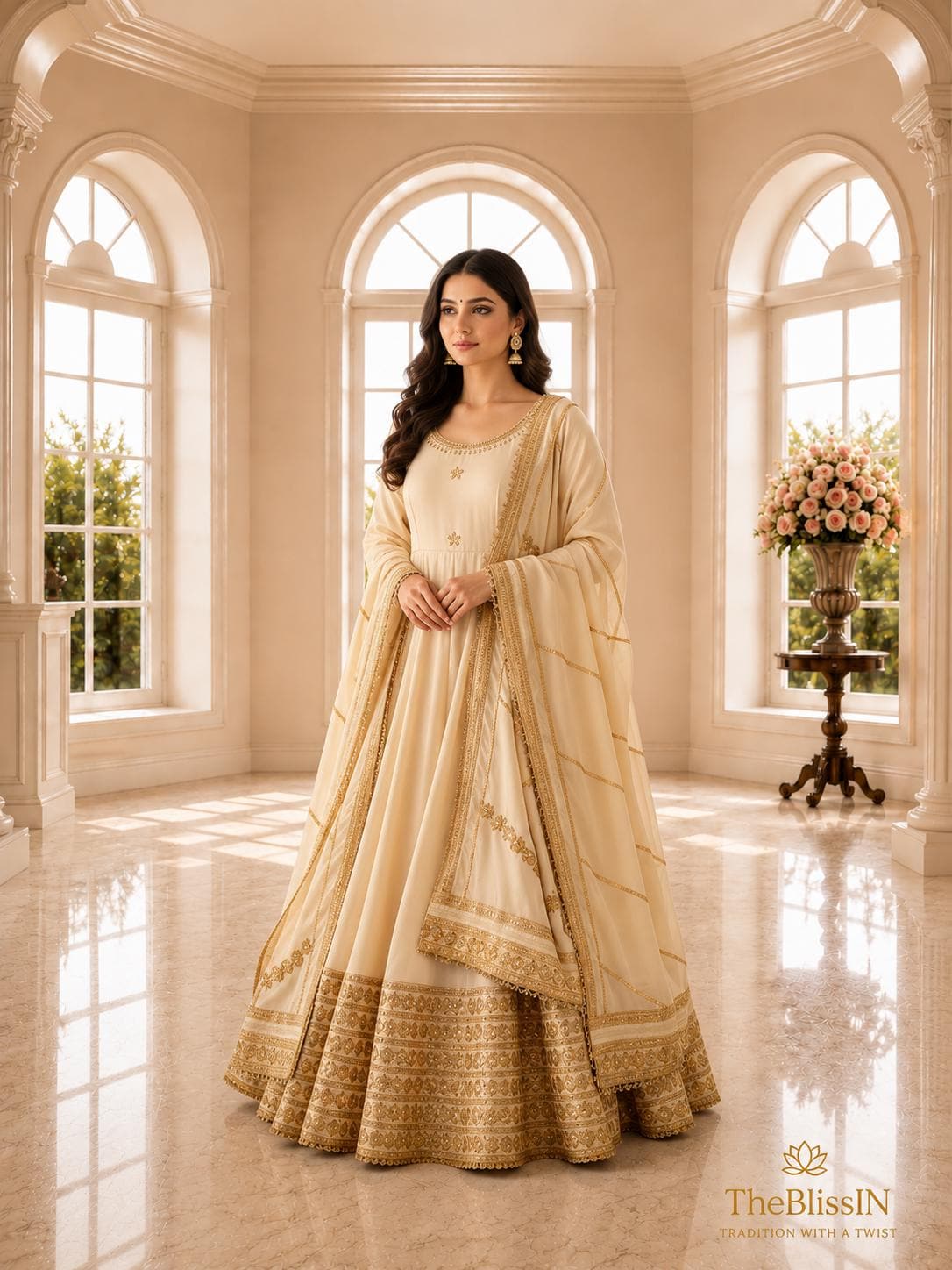 cream color anarkali dress Handmade White & Golden Lace Anarkali Gown: Indian Wedding Suit
