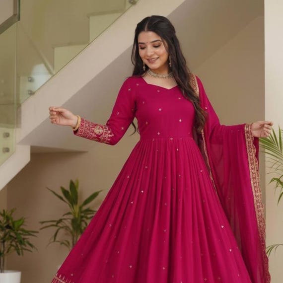 Designer Pink Silk Embroidered Anarkali Suit - Gown for Wedding