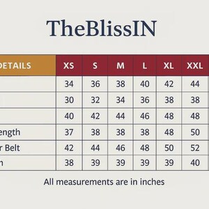 May include: A size chart for clothing, featuring measurements in inches. The chart includes bust, waist, hips, top length, salwar belt, and length measurements, ranging from XS to 3XL. The brand name "TheBlissIN" is at the top.