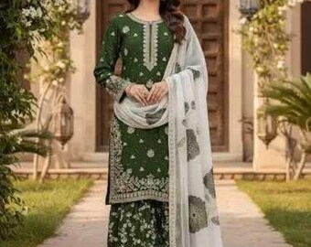 Dark Green Pakistani Kurta Palazzo Suit Set Thread Embroidery - Pakistani Wedding Outfit