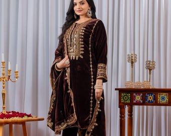 Pakistani Style Brown Viscose Velvet Embroidered Suit Set with Sequin Work, Full Stitched