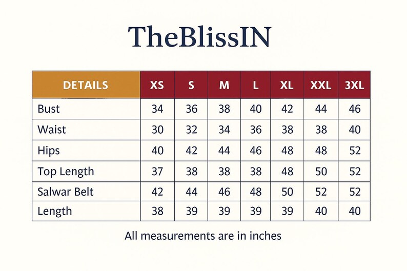 May include: A size chart from TheBlissIN, with measurements in inches. The chart details bust, waist, hips, top length, salwar belt, and length measurements for sizes XS to 3XL. The text "All measurements are in inches" is at the bottom.