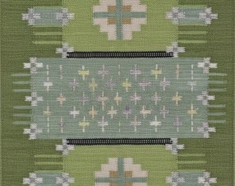 Grüner Kelim Teppich, Geometrischer Wollteppich, Vintage Boho Dekor