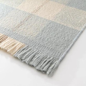 K&ouml;nnte beinhalten: Nahaufnahme einer gewebten Decke mit einem karierten Muster in den Farbt&ouml;nen Hellblau, Creme und Hellbraun. Die Decke hat einen Fransenrand in Hellblau. Die Textur der Decke wirkt weich und gem&uuml;tlich.