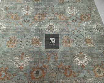 Handgeknoopt oushak-tapijt, wollen vloerkleed vintage klassieke stijl, saliegroen tapijt met bloemen, handgemaakt tapijt uit India