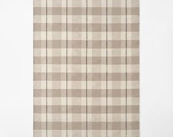 Beiger Kelim Teppich mit Webstuhl, Beige karierter Wollteppich, Flachgewebe Teppich, Flachgewebe Teppich