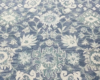 Blue Floral Rug Hand Tufted Wool Area Rug Vintage Persian Style Rug Ivory Boho Carpet Living Room Bedroom Rug Soft Pile