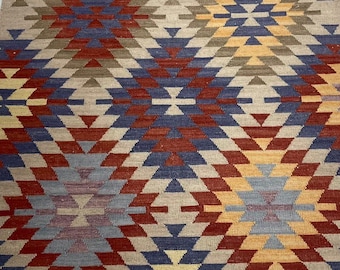 Alfombra Kilim Azul Tejida a Mano – Alfombra Tribal Geométrica de Lana