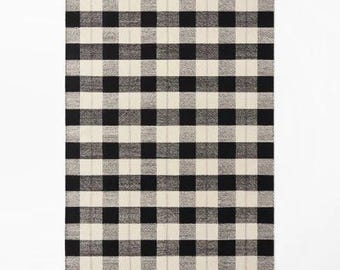 Nordischer Knoten Handwebstuhl Kelim Teppich, Schwarz Karierter Wollteppich, Flachgewebe Teppich, Flachgewebe Teppich