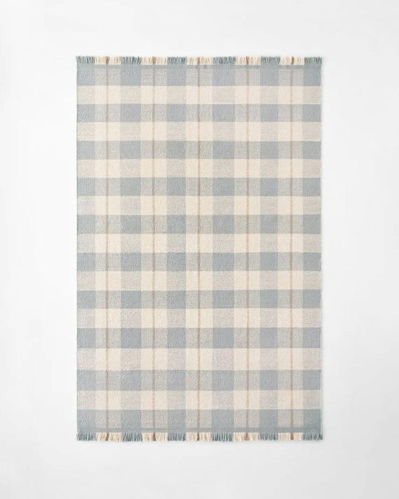 Nordic Knots Hand Loom Kilim Rug, Blue Checkered Wool Area Rug, Scandinavian Flatweave Carpet, Modern Farmhouse Rug