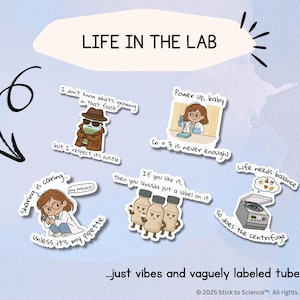 Op de afbeelding: Een verzameling van vijf wetenschappelijke stickers met stripfiguren en laboratoriumapparatuur. De tekst bevat LIFE IN THE LAB, I don't know what's growing in that flask but I respect its hustle, Power up, baby (n=3 is never enough), Sharing is caring... unless it's my pipette, If you like it then you shoulda put a label on it, Life needs balance so does the centrifuge, en ...just vibes and vaguely labeled tubes.