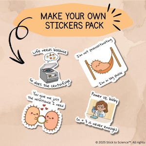 Könnte beinhalten: Ein Set aus vier wissenschaftlichen Aufklebern mit Cartoon-Illustrationen und Text. Einer zeigt eine Zentrifuge mit 'Life needs balance, so does the centrifuge', ein anderer eine Bohne in einer Hängematte mit 'I'm not procrastinating, I'm in lag phase'.