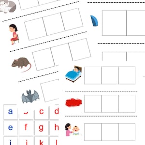 May include: Educational worksheet with illustrations and blank spaces for writing. Includes images of a cat, girl, rat, bat, faucet, eraser, boy in bed, red paint, baby, and a bride and groom, along with the alphabet.
