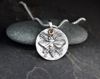 Honeybee pendant necklace • sterling silver with 18k gold bezel set with a honey colour citrine