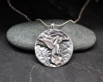 Hummingbird round sterling silver pendant necklace