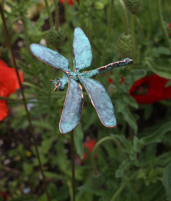 Dragonfly Garden Stake Sculpture Copper Patina Etsy