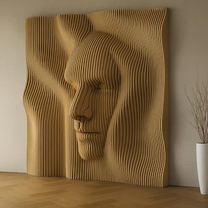 Parametric Wooden Wall Art with Abstract Face, Modern 3D Wall Decor Panel for Living Room, Contemporary Acoustic Wall Sculpture