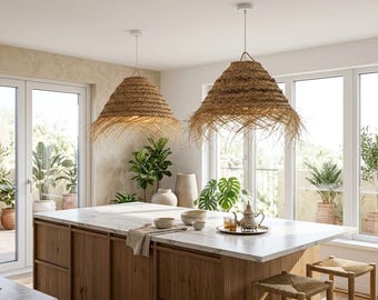 Rattan Pendant Shade Boho Fringe Lamp Woven Straw Ceiling Hanging Light Natural Fiber Chandelier Coastal Home Decor