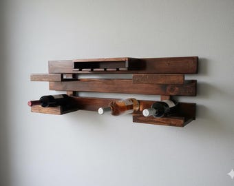 Rustykalny stojak na wino montowany na ścianie, 70 x 40 cm, drewniany uchwyt na 3 butelki i szklana półka na 4 kieliszki, nowoczesny wystrój baru w stylu rustykalnym, prezent do przechowywania w kuchni