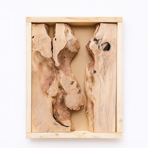 Op de afbeelding: Houten wandkunst met natuurlijke houtnerfpatronen in een lichtbruine tint. Het kunstwerk is ingekaderd in een lichtgekleurde houten lijst, wat een rustieke en organische esthetiek creëert. Het hout heeft knopen en unieke vormen.
