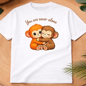 May include: White t-shirt with a graphic of two cartoon monkeys embracing, in orange and brown. The text "You are never alone" is above the monkeys. The shirt is displayed on a woven surface.