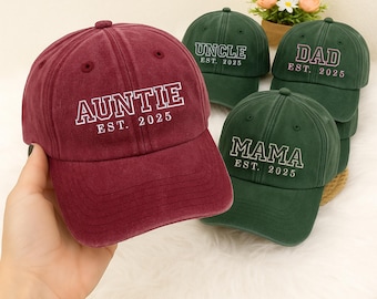 Personalised Auntie Uncle Hat with Est Year, Custom Embroidered Mum & Dad hat, Vintage Baseball Cap, New Aunt Gift, Christmas Family Gifts
