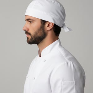 Puede incluir: Un gorro y una chaqueta de chef blancos. El gorro es de estilo calavera con una corbata en la parte posterior. La chaqueta tiene cuello mandar&iacute;n, cierres de bot&oacute;n y un bolsillo en la manga. El conjunto es de tela blanca.