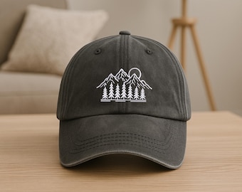 Mountain Forest Embroidered Hat, Vintage Nature Baseball Cap, Outdoor Hiking Hat for Dad, Summer Camping Hat Gift, Nature Lover Gift for Him