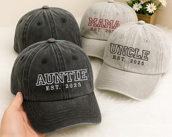 Custom Auntie Uncle Embroidered Hat, Auntie Christmas Baseball Cap with Est Year, Vintage Mum and Dad Hat, New Auntie Gift, Christmas Gifts