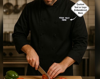 Custom Embroidered Men's Chef Jacket, Personalised Chest Logo / Text Jacket, Monogrammed Flag on Sleeve Chef Cooking Jacket, Gifts for Chef