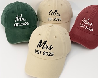 Custom Embroidered Mr & Mrs Hats, Personalised Couple Matching Honeymoon Hats, Est Year Hat for His and Hers, Special Date Gifts for Him Her