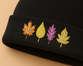 Cozy Autumn Leaves Embroidered Beanie, Fall Season Hat for Women, Warm Winter Beanies, Maple Leaves Hat, Cute Autumn Fall Gift, Gift for Her