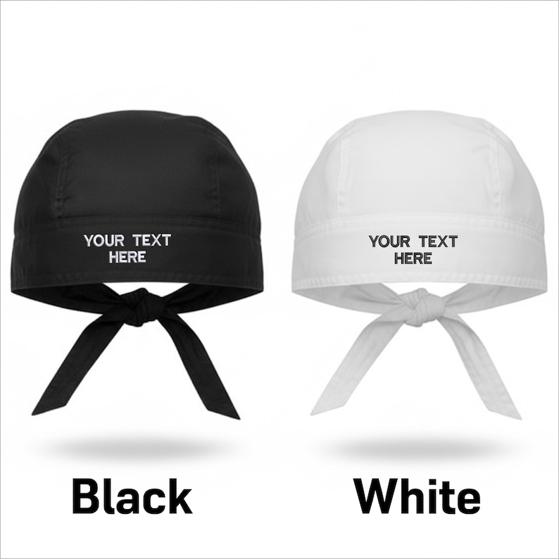 Puede incluir: Bandanas negras y blancas con cierre de lazo. Cada una tiene el texto "YOUR TEXT HERE" impreso. La palabra "Black" est&aacute; debajo de la bandana negra, y "White" debajo de la blanca.