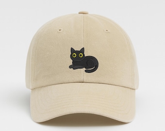 Black Cat Lying Down Baseball Hat, Embroidered Halloween Cat Lover Hat, Vintage Washed Cotton Cat Dad Hat, Holiday & Memorial Pet Lover Gift