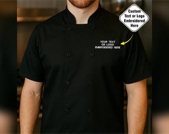 Chaqueta de chef bordada personalizada, chaqueta de cocina con nombre o logotipo personalizado, uniforme de chef para personal culinario, chaqueta de chef con bandera y nombre de cocinero en las mangas.