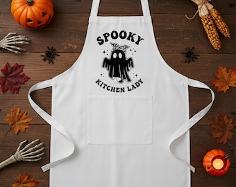 Spooky Kitchen Lady Halloween Apron, Funny Skeleton Baking Apron, Scary Kitchen Costume Apron, Fall Party Cooking Gift, Creepy BBQ Aprons