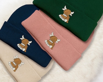 Highland Cow Embroidered Beanie, Cute Scottish Highland Coo Beanie Hat, Farm Animal Winter Hat, Cozy Cow Gifts, Unisex Scotland Beanie Gift