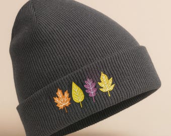 Autumn Leaves Embroidered Beanie Hat, Cozy Fall Leaf Hat, Winter Beanies for Women, Autumn Gift for Her, Nature Lover Gift, Autumn Gift Idea