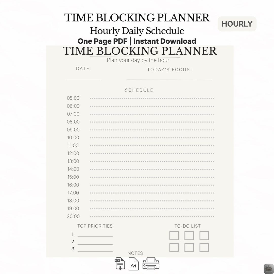 Time Blocking Planner Printable PDF | Hourly Daily Schedule Planner ...