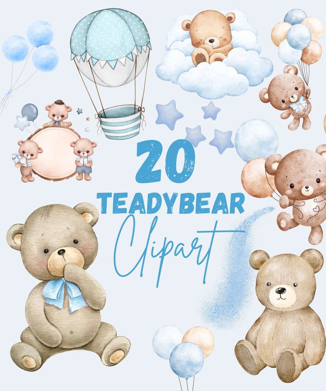 Blue Teddy Bear Watercolor Clipart, Baby Shower PNG (digital Download ...