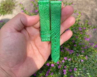 Pulseira de relógio em couro de avestruz genuíno verde de 20 mm com fivela, pino de mola de liberação rápida, estilo vintage.