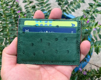Green Ostrich Leather Credit Card Holder, Minimalist Wallet