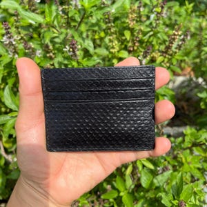 Puede incluir: Un tarjetero negro con un patr&oacute;n texturizado similar al de un reptil. El tarjetero tiene m&uacute;ltiples ranuras para tarjetas y se sostiene en la mano de una persona contra un fondo de follaje verde.