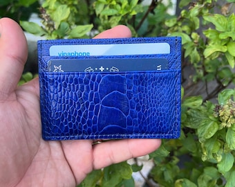 BLUE Ostrich Leather Credit Card Holder 4 Slot Card Minimalist RIFD/ Wallet / Handmade Custom