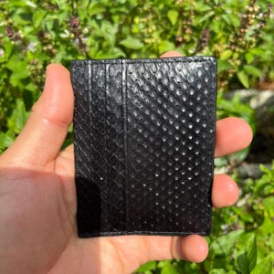 Puede incluir: Tarjetero de cuero negro con un patr&oacute;n texturizado similar a la piel de serpiente. La cartera tiene m&uacute;ltiples ranuras para tarjetas y se sostiene en una mano sobre un fondo de follaje verde. La cartera es rectangular.