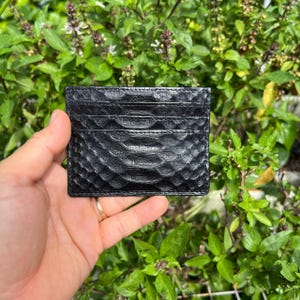 May include: Black leather card holder with a snakeskin pattern. The card holder has multiple slots for cards and a sleek, minimalist design. The background is a lush green foliage.