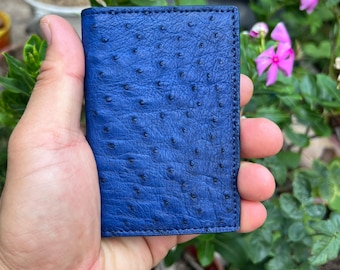 BLUE Genuie OSTRICH Leather Credit Card Holder , Handmade Slim Wallet, Money Clip, Gift's