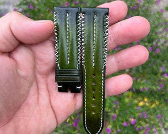 Pulseira de relógio em couro bovino verde de 22 mm com fivela, pino de mola de liberação rápida, feita à mão sob encomenda.