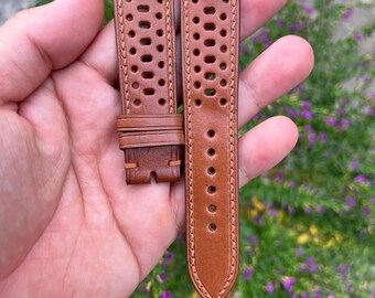 Pulseira de couro bovino marrom de 20 mm para relógio de corrida com fivela, pino de mola de liberação rápida, feita à mão sob encomenda.